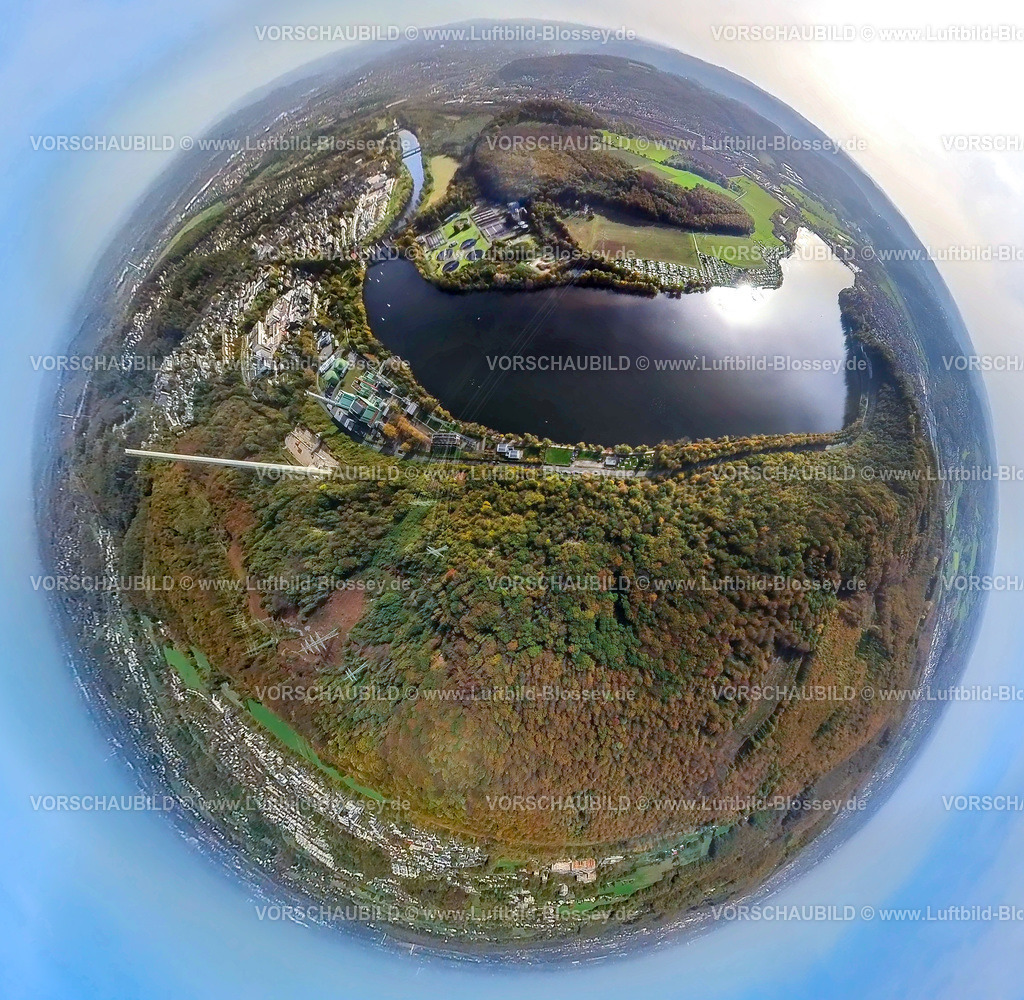 Herdecke20221020_06Harkortsee | Luftbild, Harkortsee, Campingplatz Harkortsee und Wald Kaisberg, Herbstwald Harkortberg, Fisheye Aufnahme, Fischaugen Aufnahme, 360 Grad Aufnahme, Herdecke, Ruhrgebiet, Nordrhein-Westfalen, Deutschland