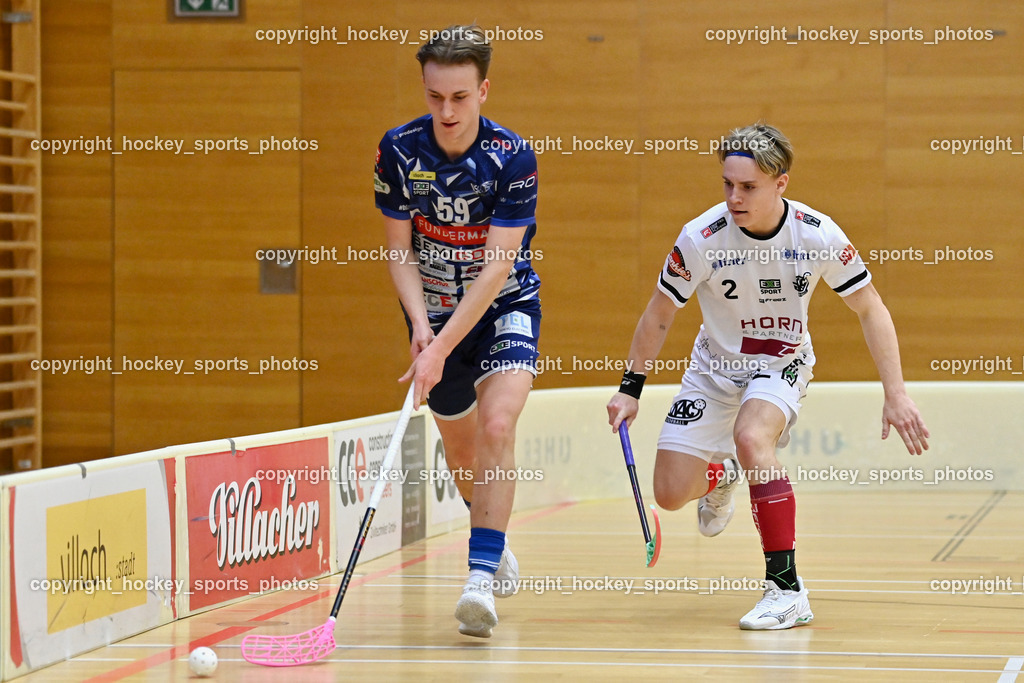 VSV Unihockey vs. KAC Floorball | #59 Nino Forelli VSV Unihockey, #2 Mitja Beuthe KAC Floorball, VSV Unihockey vs. KAC Floorball, VSV Unihockey vs. KAC Floorball am 28.03.2026 in Villach (Ballspielhalle St. Martin), Austria, (Photo by Bernd Stefan)