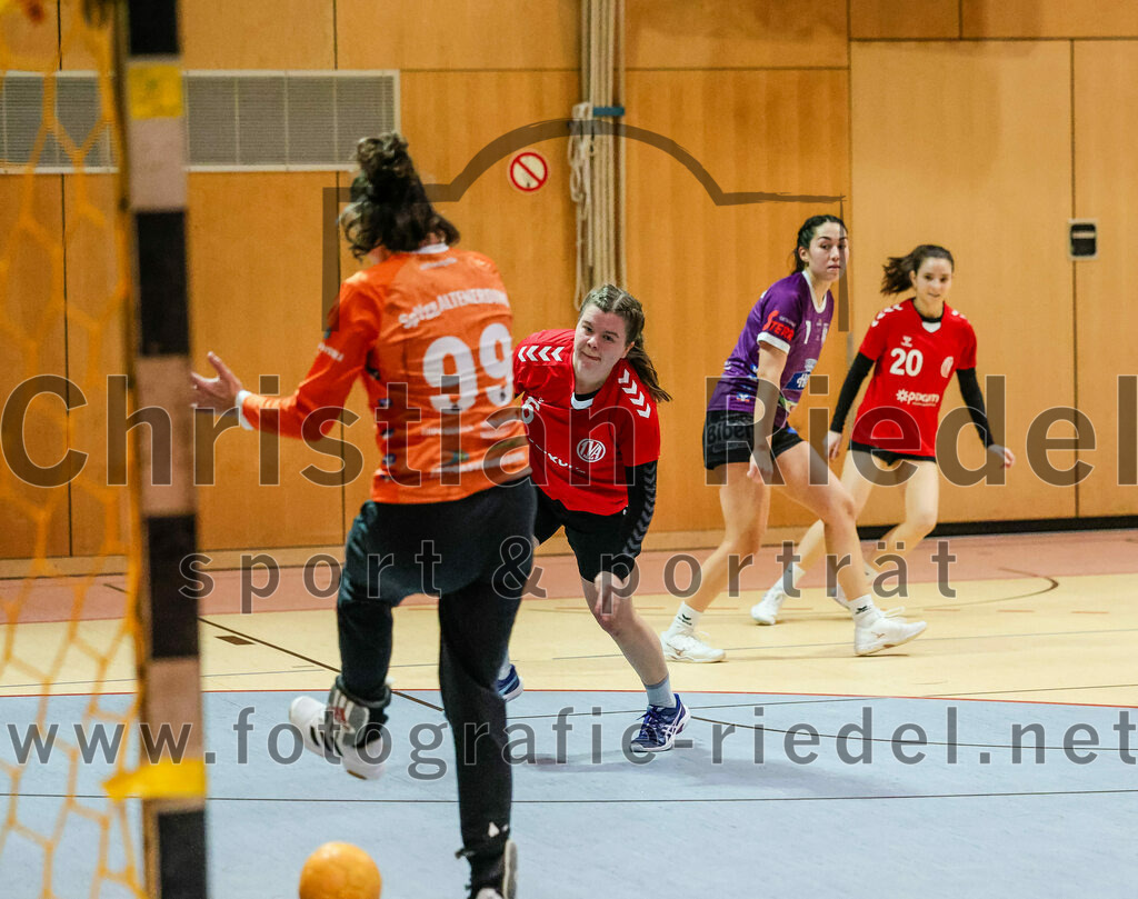 2024-01-27_052_SpVgg_Altenerding_II_gegen_TV_Altoetting_II | Erding, Deutschland, 27.01.2024:
Handball, Bezirksliga Frauen Altbayern 2023 / 2024, 10. Spieltag, SpVgg Altenerding II gegen TV Altötting II, Endergebnis: 17:29

Torfrau Nicole Steinbrecher (SpVgg Altenerding, #99), Mira Huber (TV Altötting, #6), Michelle Gruber (SpVgg Altenerding, #7), Lisa Schreiner (TV Altötting, #20)

Foto: Christian Riedel / fotografie-riedel.net