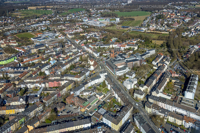 Witten250301120 | Luftbild, Wohngebiet Ardeystraße und Crendeldanzstraße, im Zentrum Marienhospital und Marienkirche, unten die Alte Feuerwache, hinten Pilkington Automotive Deutschland GmbH, Sonnenschein, Witten, Ruhrgebiet, Nordrhein-Westfalen, Deutschland