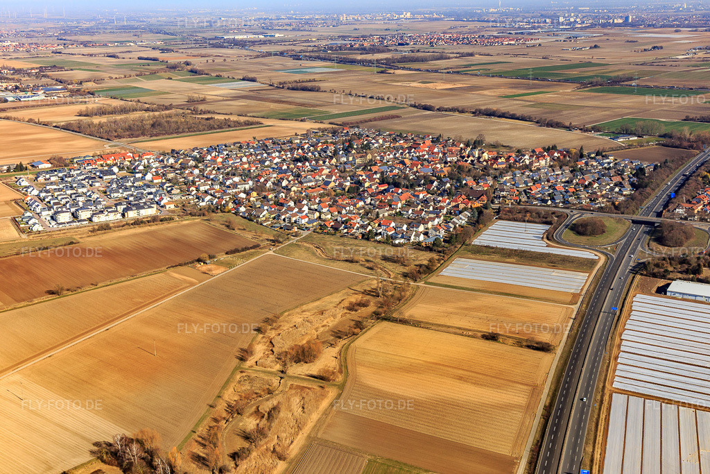 Luftbild: Ortsansicht aus Südwesten im Ortsteil Schauernheim in Dannstadt-Schauernheim im Bundesland Rheinland-Pfalz in Deutschland. Foto: IMG_112809.jpg vom 27.02.2019 durch Werner Riehm/FLY-FOTO.de