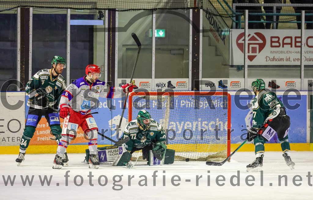 2026-02-15_124_TSV_Erding_gegen_EC_Peiting | Erding, Deutschland, 15.02.2026:Eishockey, Oberliga Süd 2025 / 2026, 47. Spieltag, TSV Erding gegen EC Peiting, Endergebnis: 4:5Bastian Cramer (Erding Gladiators, #34), Tim Mühlegger (EC Peiting, #84), Torwart David Zabolotny (Erding Gladiators, #72), Philipp Michl (Erding Gladiators, #77)Foto: Christian Riedel / fotografie-riedel.net