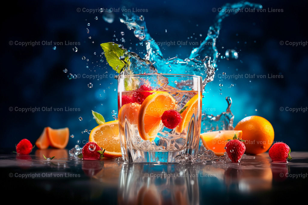 alkoholfreie Getränke | Wasserglas mit bunten Früchten