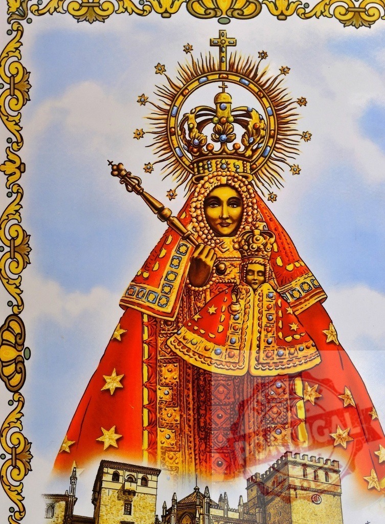 Virgin Mary holding baby Jesus with crown and staff over Astorga Cathedral | Colorful illustration of Virgin Mary holding baby Jesus with crown and staff over Astorga Cathedral - Realisiert mit Pictrs.com