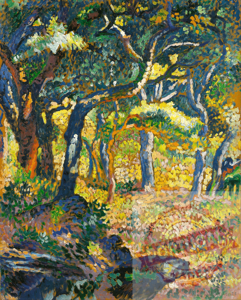 Henri-Edmond Cross forest interior neo-impressionism painting. Henri Edmund Cross | Forest interior painting showing dappled sunlight filtering through trees and foliage - Realisiert mit Pictrs.com