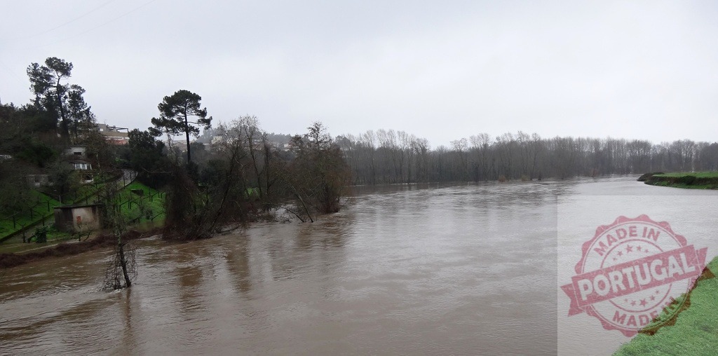 River flooding a rural landscape after heavy rain. Portugal floods 02.26 - Paco de Sousa, Penafiel | Flooded river with high water level passing by trees and green fields - Realisiert mit Pictrs.com