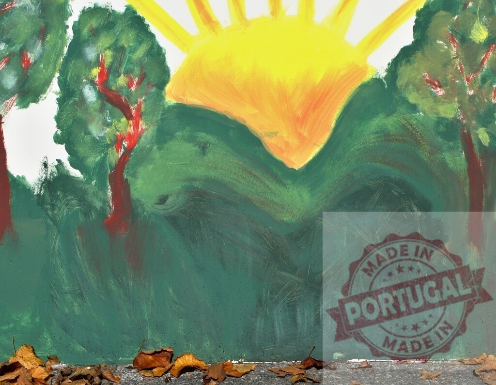 Child's drawing depicting sun rising over green forest | Child's painting on a wall showing stylized sun, trees, and hills with real autumn leaves - Realized with Pictrs.com