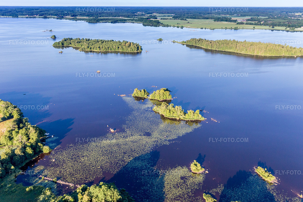 Aerial view: Islands in Lake Åsnen near Skäggalösa in Småland in Skäggalösa in the state Kronoberg, Sweden. – Photo: IMG_108317.jpg taken on 06/30/2018 by Werner Riehm/FLY-FOTO.com – Resolution of the original: 5394 x 3596 px