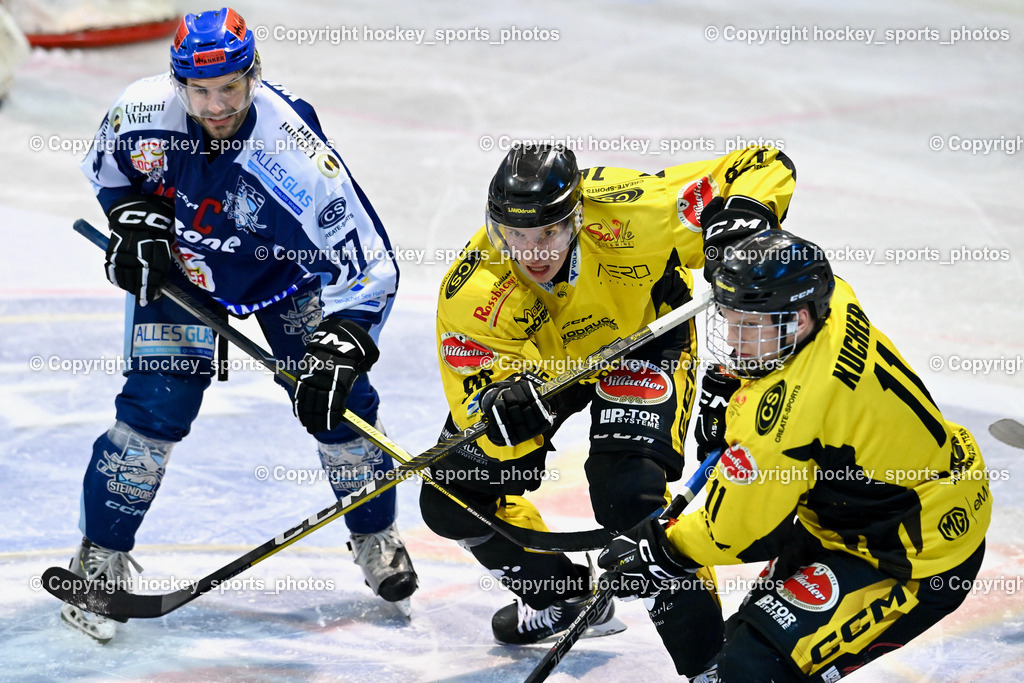 ESC Steindorf vs. EC Hornets Spittal 25.2.2024 | #57 Wilfan Franz ESC Steindorf, #88 Zauchner Daniel EC Hornets Spittal, #11 Kucher Florian EC Hornets Spittal, ESC Steindorf vs. EC Hornets Spittal 25.2.2024, ESC Steindorf vs. EC Hornets Spittal 25.2.2024 am 25.02.2024 in Steindorf (Ossiachersee Halle), Austria, (Photo by Bernd Stefan)