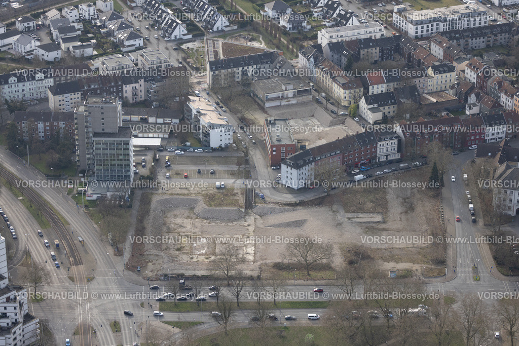 Gelsenkirchen250203096Sued | Luftbild, Brachfläche Baugelände ehemaliges Zentralbad, Wohngebiet und Hochhaus Florastraße, Schalke, Gelsenkirchen, Ruhrgebiet, Nordrhein-Westfalen, Deutschland