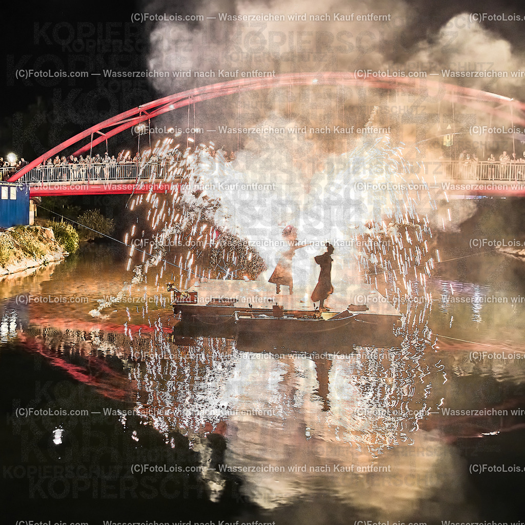 000_0596_Luftbild_VOLKSFEST-Wlbg_InselFeuer-Show15x15 | (C)FotoLois.com, Alois Spandl, Luftbild, Wieselburger VOLKSFEST neu, Feuershow auf der Erlaufinsel unter den Brücken, Do 29. Juni 2023.