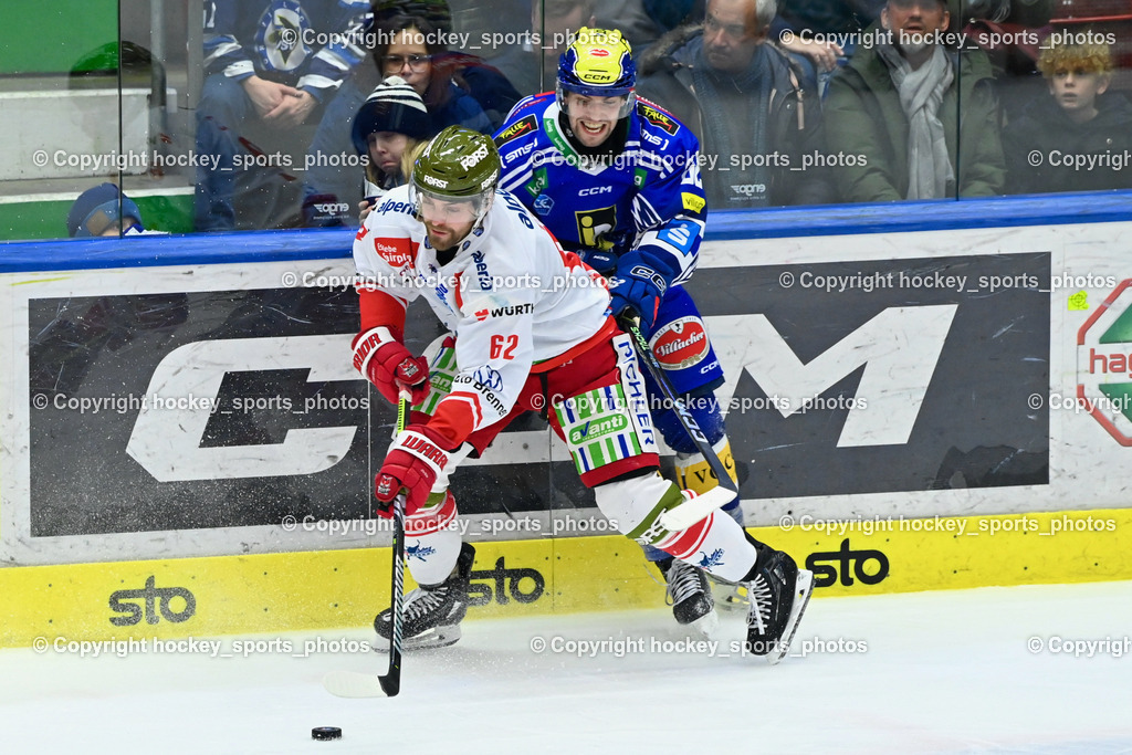 EC VSV vs. HC Bozen 16.2.2024 | #62 Tyler Steenbergen, #62 Teves Joshua, EC VSV vs. HC Bozen 16.2.2024, EC VSV vs. HC Bozen 16.2.2024 am 16.02.2024 in Villach (Stadthalle Villach), Austria, (Photo by Bernd Stefan)