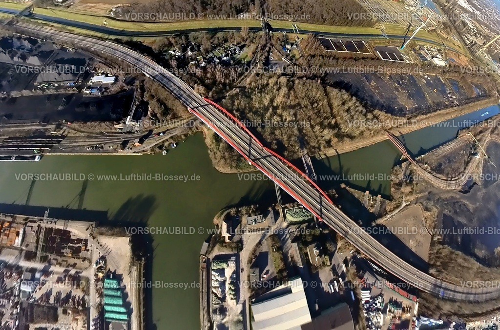 Bottrop240190182A42-Bruecke gesperrt | Luftbild, gesperrte Rhein-Herne-Kanalbrücke mit rotem Geländer, Autobahn A42 Emscherschnellweg, Infrastruktur, Doppelbogenbrücke an der Stadtgrenze Essen, Stadthafen Essen, Fisheye Aufnahme, Fischaugen Aufnahme, 360 Grad Aufnahme, tiny world, little planet, fisheye Bild, Ebel, Bottrop, Ruhrgebiet, Nordrhein-Westfalen, Deutschland