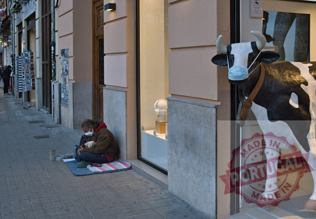 Homeless person wearing mask with puppy by masked cow statue | Homeless person sitting on sidewalk with puppy next to a cow statue wearing a face mask - Realisiert mit Pictrs.com