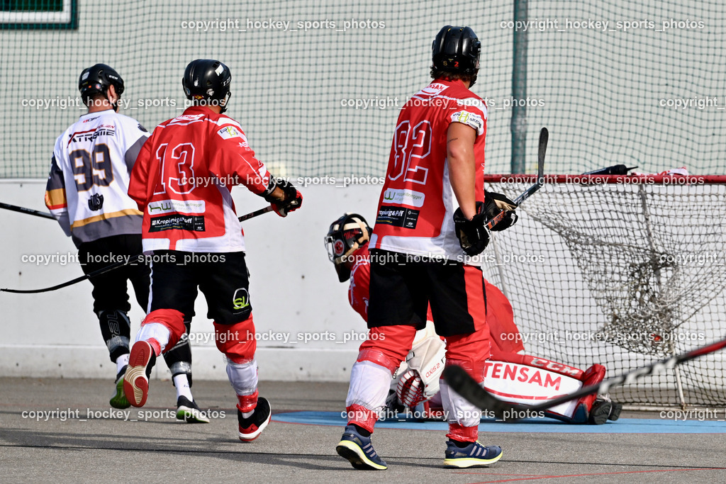 VAS Ballhockey vs. HSC Eagles Poggersdorf | #82 Wilhelmer Philip, #13 Krall Michael, #99 Alagic Adis, Tor VAS Ballhockey, VAS Ballhockey vs. HSC Eagles Poggersdorf, VAS Ballhockey vs. HSC Eagles Poggersdorf am 14.07.2024 in Villach (Alpen Arena ), Austria, (Photo by Bernd Stefan)