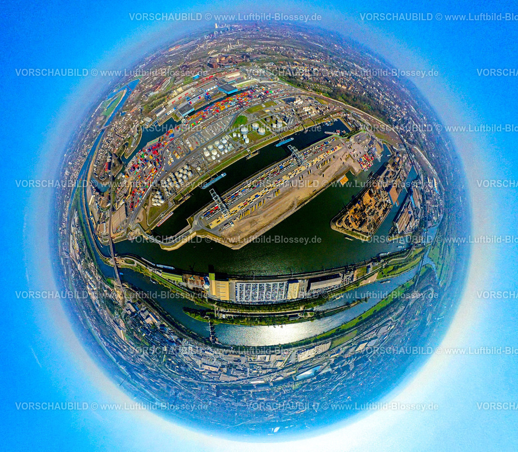 Duisburg250490048Duisport | Luftbild, duisport Hafen, Hafengebiet mit Stahlinsel, Ölinsel, Kohleninsel Container Terminal und Schrottinsel Rohstoffinsel, Insel Pontwert am Hafenkanal, Erdkugel, Fisheye Aufnahme, Fischaugen Aufnahme, 360 Grad Aufnahme, tiny world, little planet, fisheye Bild, Ruhrort, Duisburg, Ruhrgebiet, Nordrhein-Westfalen, Deutschland