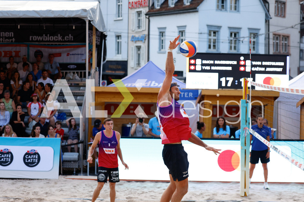 Obi BeachTour 2026 - Basel | BASEL, SWITZERLAND - JULY 17: GAÉTAN JAUFFRET (SUI) attack / spike during the Obi BeachTour 2026 match between HAGENBUCH / HAUSSENER (SUI) and BORTOLUZZI / JAUFFRET (SUI) at Barfüsserplatz on July 17, 2026 in Basel, Switzerland. - Realisiert mit Pictrs.com