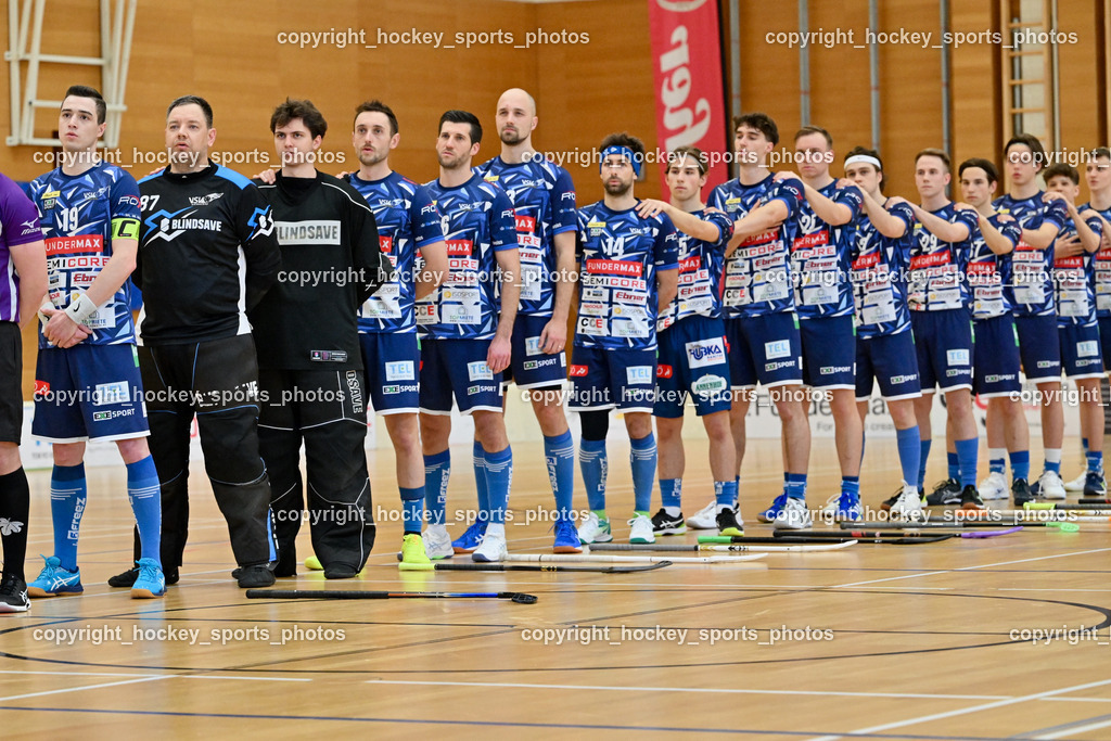 FBK Loka vs. VSV Unihockey | VSV Unihockey Mannschaft, Österreichische Nationalhymne, FBK Loka vs. VSV Unihockey, FBK Loka vs. VSV Unihockey am 23.03.2025 in Villach (Ballspielhalle St. Martin), Austria, (Photo by Bernd Stefan)