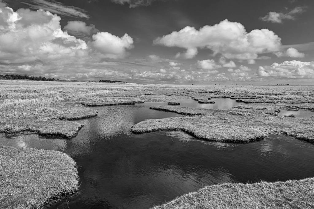 Nordseeküste bei St. Peter-Ording | Mit beeindruckender Weite präsentiert sich hier die Nordseeküste bei St. Peter-Ording. In dem Schwarz-Weiß-Bild erscheint der Wasserlauf im Vordergrund besonders dominant. — Auflösung des Originals: 6015 x 4010 px. - Realisiert mit Pictrs.com