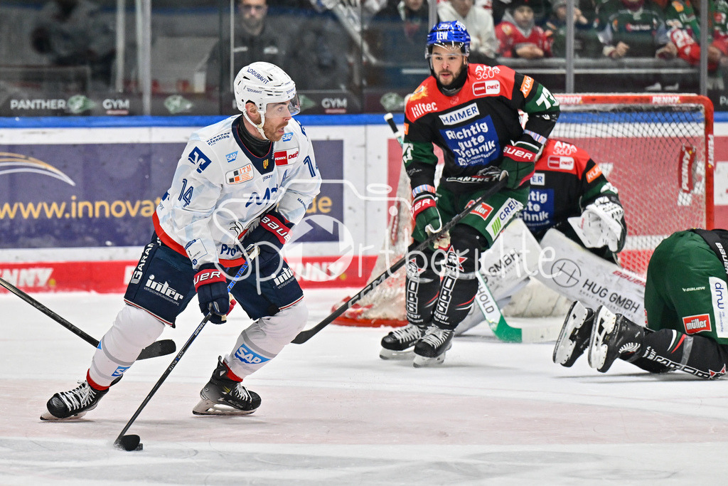 Augsburger Panther - Adler Mannheim | am PUck Jordan SZWARZ (Adler Mannheim 14) vor dem Tor der Panther / DEL: Augsburger Panther - Adler Mannheim, Curt Frenzel Stadion am 16.02.2025