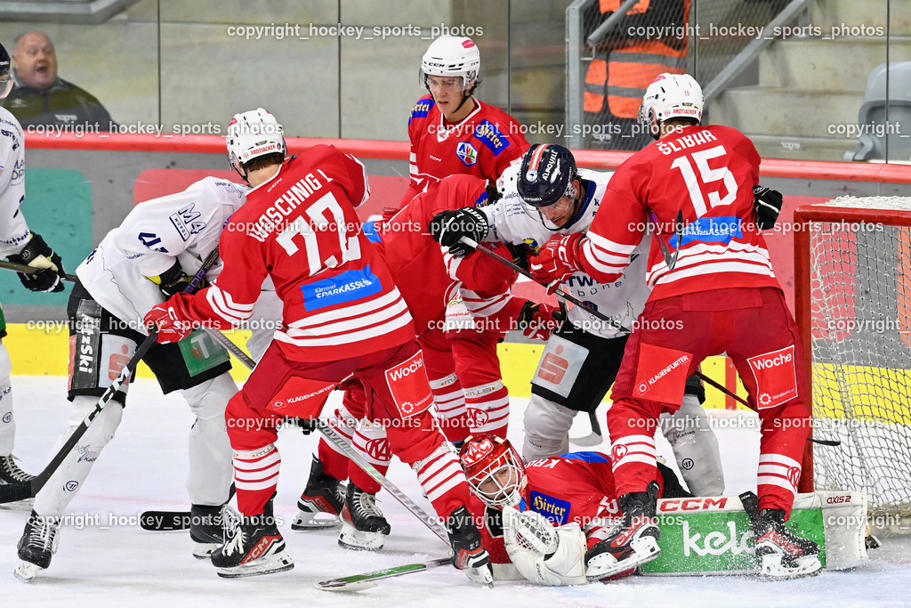 EC KAC Future Team vs. Die Adler Kitzbühl 7.10.2023 | #22 Waschnig Lukas EC KAC FUTURE TEAM, #75 Kropiunig Ralf EC KAC FUTURE TEAM, #15 Slibar Ozbe, EC KAC Future Team vs. Die Adler Kitzbühl 7.10.2023, EC KAC Future Team vs. Die Adler Kitzbühl am 07.10.2023 in Klagenfurt (Messehalle Klagenfurt), Austria, (Photo by Bernd Stefan)