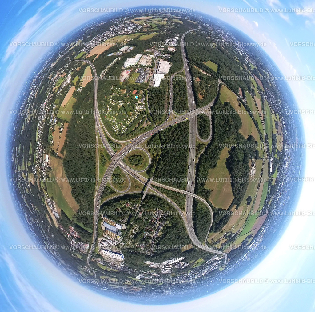 Sprockhoevel20220823BAB1b | Luftbild, Autobahnkreuz Wuppertal-Nord, Autobahn A1 und Autobahn A46, Fisheye Aufnahme, Fischaugen Aufnahme, 360 Grad Aufnahme, Halloh, Sprockhövel, Ruhrgebiet, Nordrhein-Westfalen, Deutschland