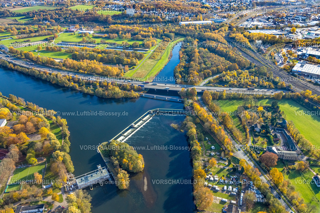 Herdecke251104571 | Luftbild, Kraftwerk Stiftsmühle und Fluss Ruhr, Volmemündung mit Volmebrücke der Autobahn A1 und Radwegbrücke, herbstliche Bäume, Herdecke, Ruhrgebiet, Nordrhein-Westfalen, Deutschland