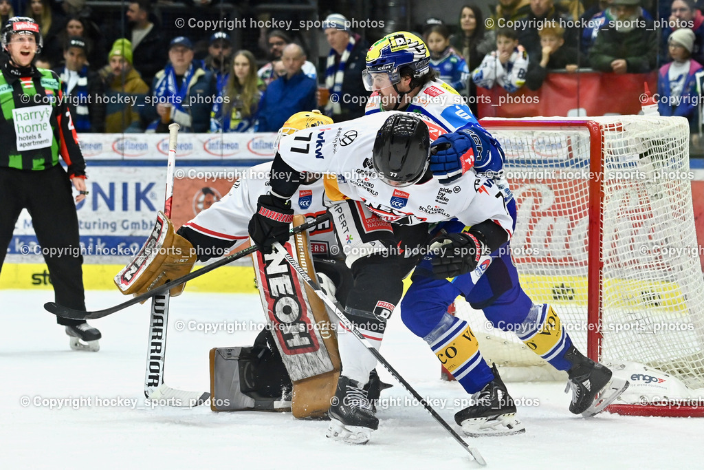 EC IDM Wärmepumpen VSV vs. Pioneers Vorarlberg | #77 Ivan Korecky Pioneers Vorarlberg, #13 Adam Helewka EC VSV, #31 David Madlener Pioneers Vorarlberg,  EC IDM Wärmepumpen VSV vs. Pioneers Vorarlberg, EC IDM Wärmepumpen VSV vs. Pioneers Vorarlberg am 22.02.2026 in Villach (Stadthalle Villach), Austria, (Photo by Bernd Stefan)
