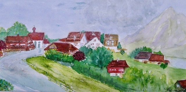 L1090507 |  Dorfkern von Wilen bei Sarnen mit Kapelle und Stanserhorn im Hintergrund, Aquarell von Paul Townend - Realisiert mit Pictrs.com