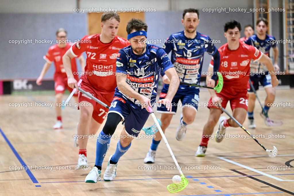 KAC Floorball vs. VSV Unihockey | #14 Michael Klemm VSV Unihockey, #72 Arttu Sorri KAC Floorball, #5 Michael Kanduth VSV Unihockey, #28 Gabriel Lekas KAC Floorball, KAC Floorball vs. VSV Unihockey, KAC Floorball vs. VSV Unihockey am 21.03.2026 in Klagenfurt (Ballspielhalle Waidmannsdorf), Austria, (Photo by Bernd Stefan)