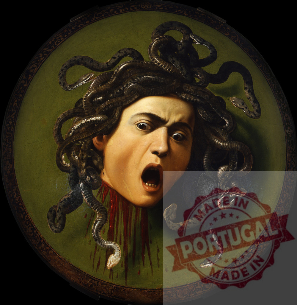 Art by Carravagio Medusa's severed head screaming on shield | Medusa's severed head screaming with snakes for hair and blood dripping - Realisiert mit Pictrs.com