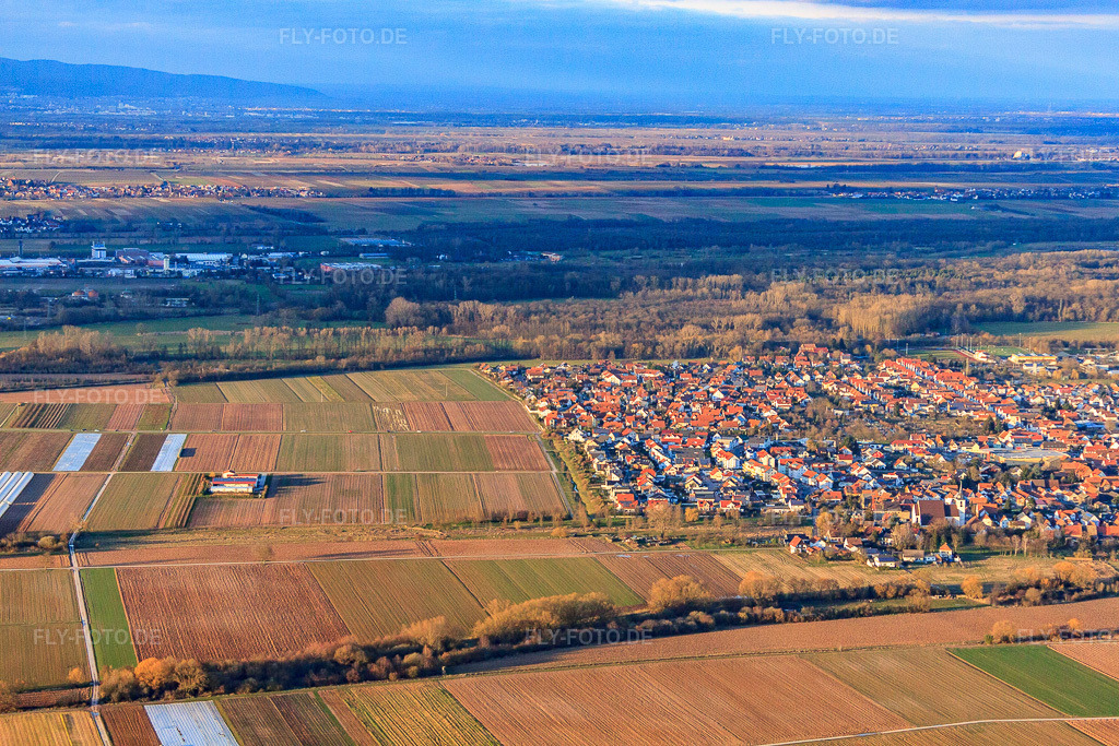 Luftbild: Stadtansicht aus Südwesten im Winter in Offenbach an der Queich im Bundesland Rheinland-Pfalz in Deutschland. Foto: IMG_62232.jpg vom 23.02.2014 durch Werner Riehm/FLY-FOTO.de