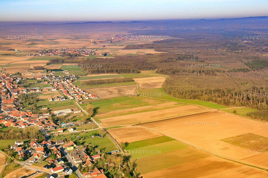 Aerial view: View of the town from the east in Niederlauterbach in the state Bas-Rhin, France. – Photo: IMG_62662.jpg taken on 03/09/2014 by Werner Riehm/FLY-FOTO.com – Resolution of the original: 4752 x 3168 px