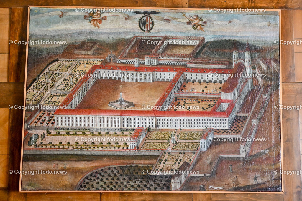 Stift St. Florian_ 08.08.023-35 | 08.08.2023, St. Florian, AUT, Augustiner Chorherrenstift St. Florian, im Bild Ansicht des Augustiner Chorherrenstift St. Florian auf einem Gemaelde