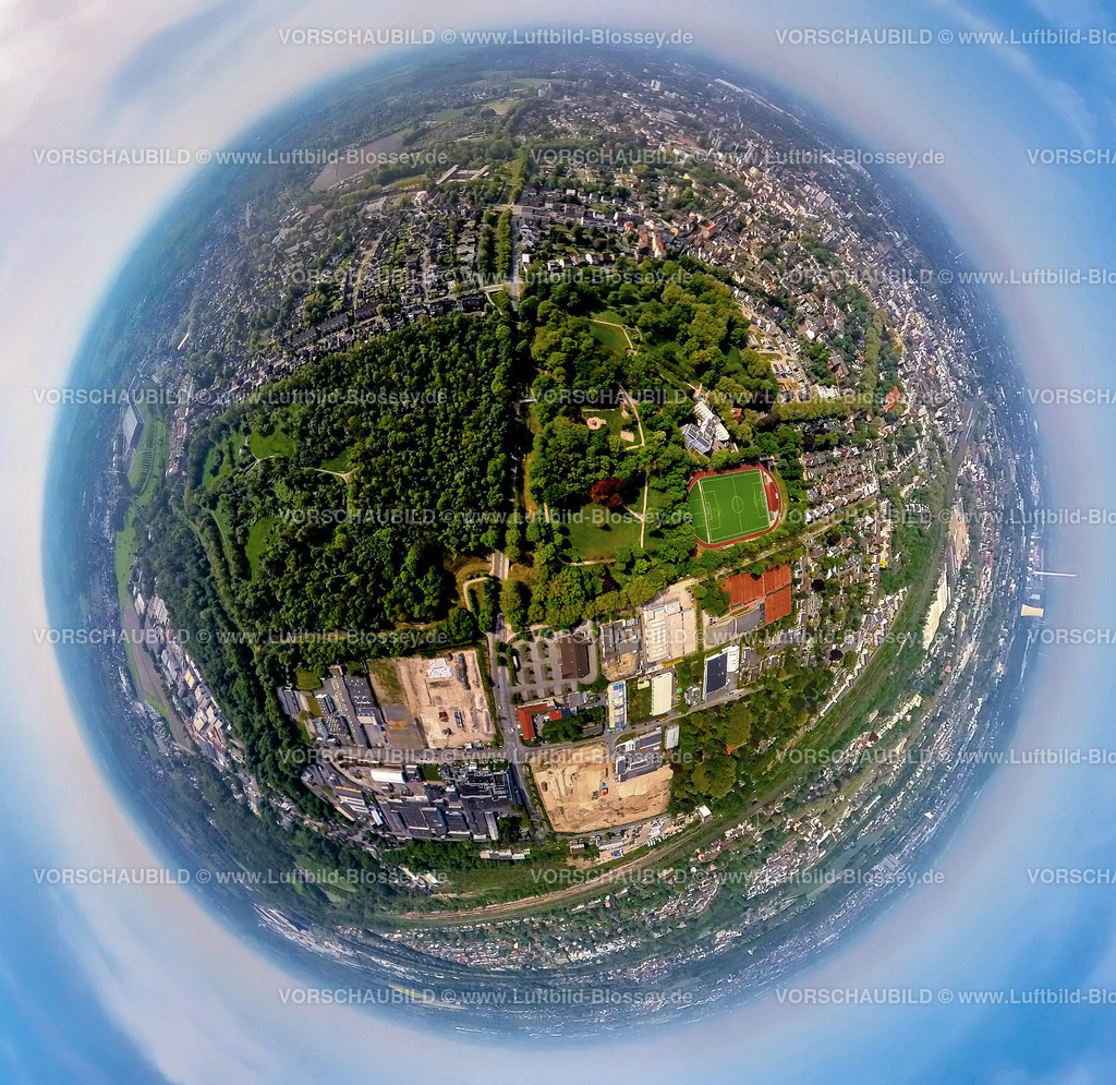 Herne240590009StadtparkHerne | Luftbild, Stadtgarten Stadtpark mit Sportplatz und Tennisanlage Vinckestraße, Gewerbegebiet Am Trimbuschhof, Erdkugel, Fisheye Aufnahme, Fischaugen Aufnahme, 360 Grad Aufnahme, tiny world, little planet, fisheye Bild, Sodingen, Herne, Nordrhein-Westfalen, Deutschland