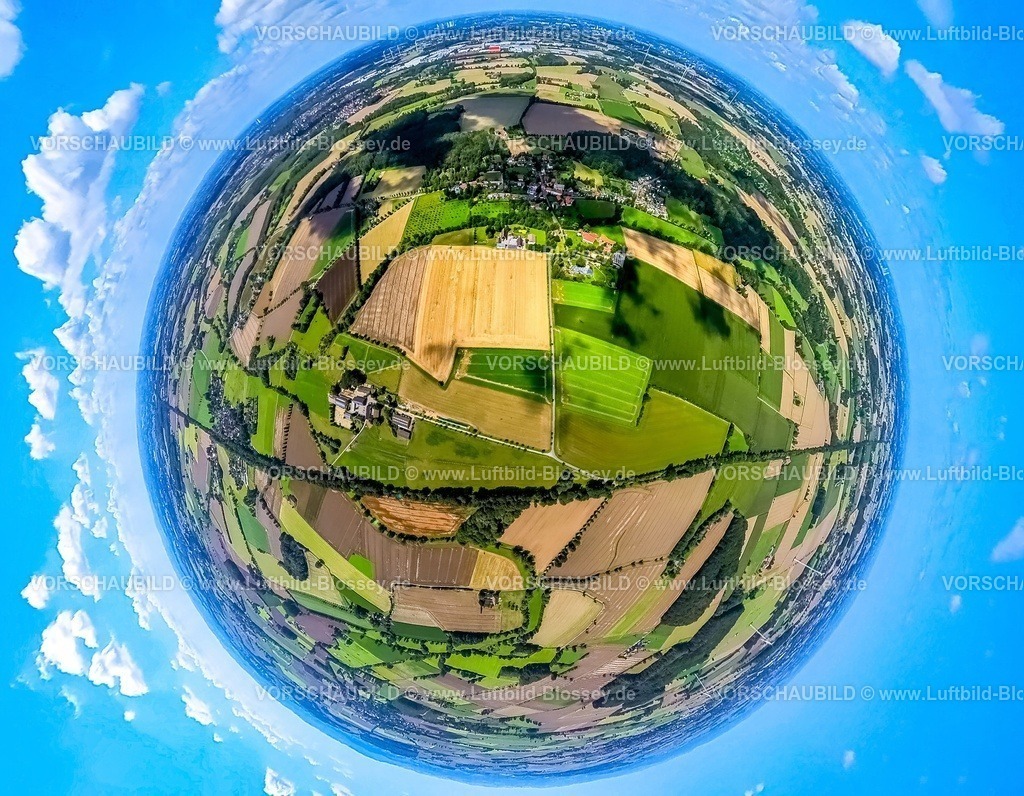 Boenen230890081 Hof | Luftbild, Alleenradweg, Kinder- und Jugendwohngruppe Hof Flierich, Wiesen und Felder, Spargelhof Haus Mundloh in Flierich, Erdkugel, Fisheye Aufnahme, Fischaugen Aufnahme, 360 Grad Aufnahme, tiny world, Flierich, Bönen, Ruhrgebiet, Nordrhein-Westfalen, Deutschland