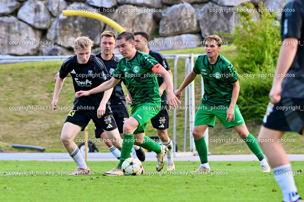 SC Landskron vs. Thal Assling  | #6 Rene Lukasser-Weitlaner Thal Assling, #8 Philipp Gatti SC Landskron, #9 Luka Gajic SC Landskron, SC Landskron vs. Thal Assling , SC Landskron vs. Thal Assling  am 09.08.2024 in Villach (Sportanlage Landskron), Austria, (Photo by Bernd Stefan)
