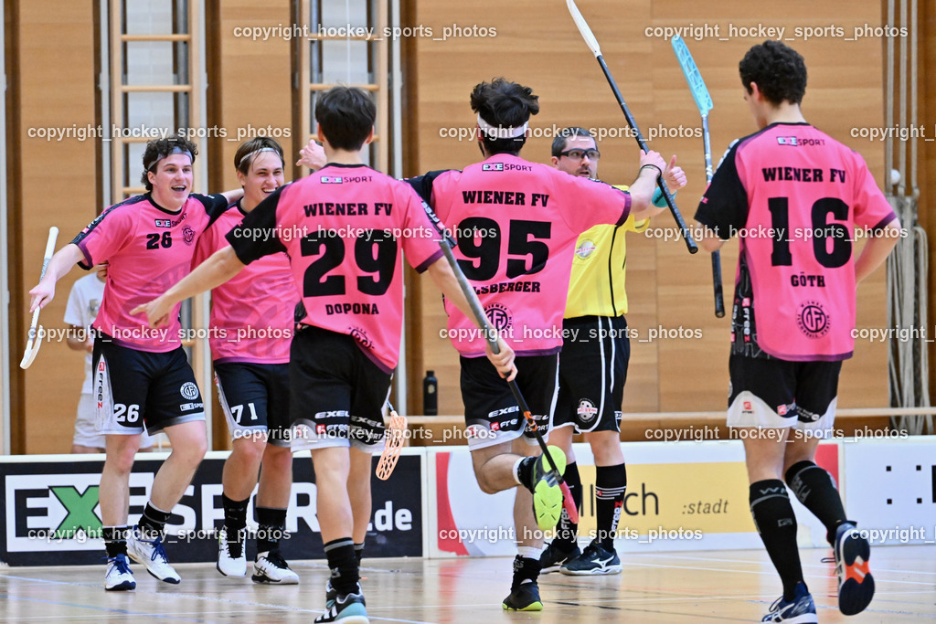 VSV Unihockey vs. Wiener Floorballferein 6.4.2024 | #26 Alexander Hanschur Wiener Floorballverein, #71 Christoph Platzer Wiener Floorballverein,  #29 Jonas-Justus Dopona Wiener Floorballverein, #95 Niklas Felsberger Wiener Floorballverein, VSV Unihockey vs. Wiener Floorballferein 6.4.2024, VSV Unihockey vs. Wiener Floorballferein  am 06.04.2024 in Villach (Ballspielhalle St. Martin), Austria, (Photo by Bernd Stefan)