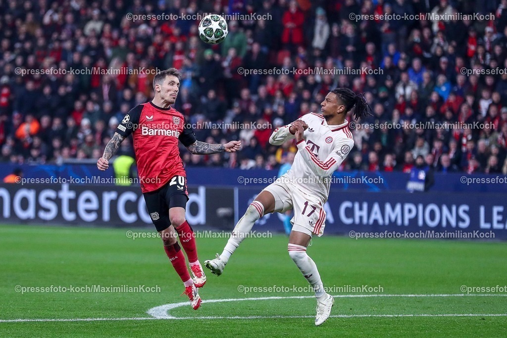UCL11032502337 | 11.03.2025, Fußball, UEFA Champions League, Bayer 04 Leverkusen - FC Bayern München, Achtelfinale Rückspiel, BayArena, Saison 2024 2025: Alejandro Grimaldo (Bayer04 Leverkusen #20) im Zweikampf gegen Michael Olise (FC Bayern #17)DFB regulations prohibit any use of photographs as image sequences and or quasi-video.