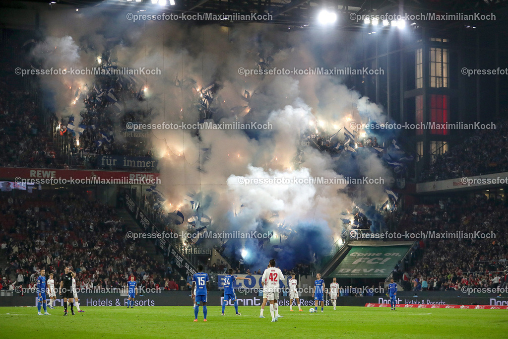 Koe14092401026 | 14.09.2024, 2. Fußball Bundesliga, 1. FC Köln - 1. FC Magdeburg, RheinEnergieSTADION, Saison 2024 2025: Die Ultras Magdeburg zünden bengalisches Feuer Feuerwekrskörper Bengalos Rauchtöpfe Choreografie Choreo im GästeblockDFB regulations prohibit any use of photographs as image sequences and or quasi-video.