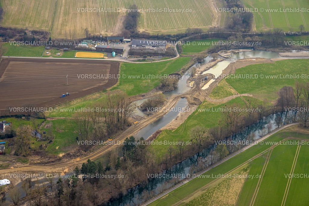 Wickede240307963 | Luftbild, Fluss Ruhr mit Wehr, Obergraben, Wiesen und Felder, landwirtschaftliche Arbeit, Wickede/Ruhr, Nordrhein-Westfalen, Deutschland