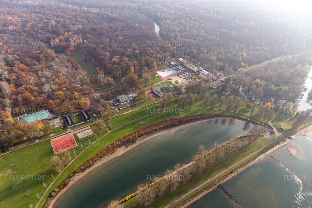 Luftbild: Rheinstrandbad Rappenwört im Ortsteil Daxlanden in Karlsruhe im Bundesland Baden-Württemberg in Deutschland. Foto: IMG_119826.jpg vom 24.11.2019 durch Werner Riehm/FLY-FOTO.de