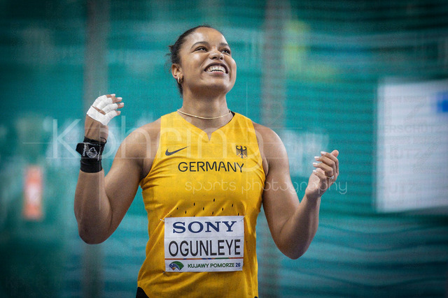 World Athletics Indoor Championships Kujawy Pomorze 26, 20.03.2026 | TORUN, POLAND - MARCH 20:  Yemisi OGUNLEYE (GER) reacts after the last attempt in the women's shot put during the World Athletics Indoor Championships Kujawy Pomorze 26 on day 1 / session 2 at Kujawsko-Pomorska Arena Torun on March 20, 2026 in Torun, Poland. 