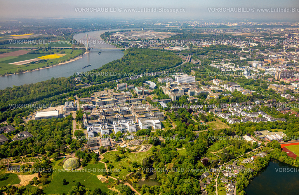 Duesseldorf240501255 | Luftbild, Heinrich-Heine-Universität, Fluss Rhein und Fleher Brücke, Fleher Wald, unten Botanischer Garten, Bilk, Düsseldorf, Rheinland, Nordrhein-Westfalen, Deutschland