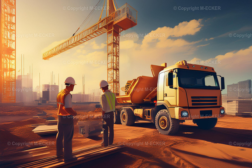 Baustelle mit Menschen und LKW | Baustelle mit Kran und LKW - Realisiert mit Pictrs.com