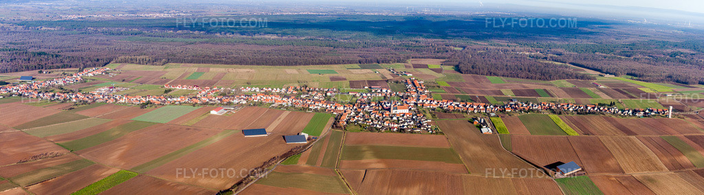 Aerial view: Panoramic perspective of the longest village in Alsace in Schleithal in the state Bas-Rhin, France. – Photo: IMG_48485-Bearbeitet.jpg taken on 12/11/2011 by Werner Riehm/FLY-FOTO.com – Resolution of the original: 10631 x 2963 px