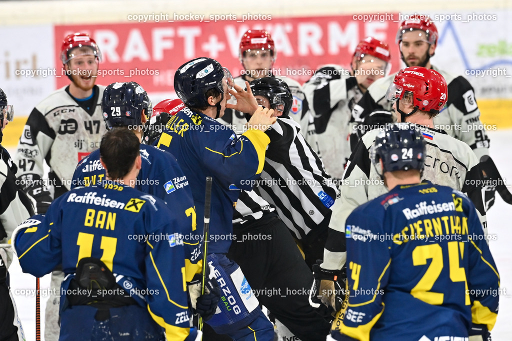 EK Zeller Eisbären vs. HDD Jesenice 1.10.2022 | #11 Ban Daniel, BERGANT Anze, KANYO Tamas, Referees, #47 Glavic Gasper, Faustkampf, #40 Blomberg Niki, #91 Jezovsek Zan, #26 Rep Ozbej, #9 Rajsar Patrik, #44 Planko David, #5 Laurin Müller