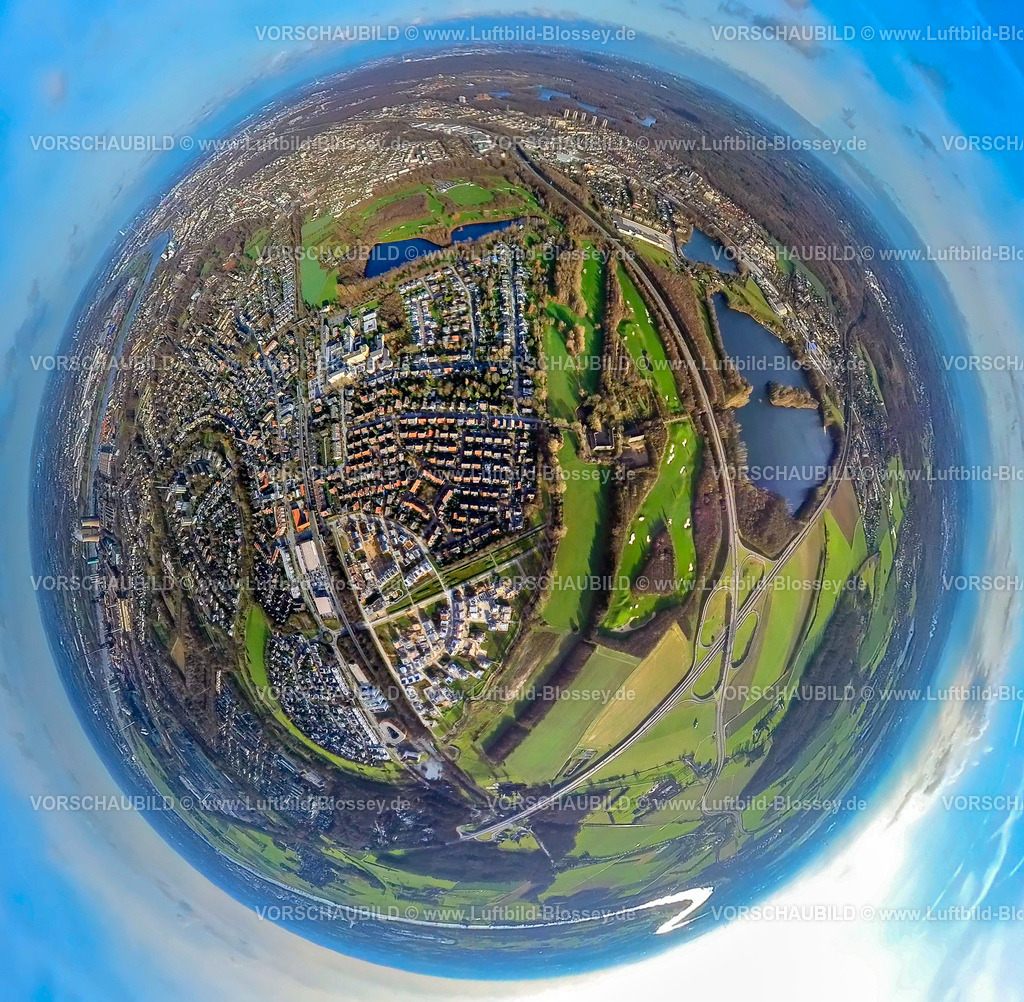Duisburg2301fish0010AngerbogenGolfclub | Luftbild, Golfplatz Golf und More Huckingen GmbH, Angerbogen Wohnsiedlung, Rahmer See, Fisheye Aufnahme, Fischaugen Aufnahme, 360 Grad Aufnahme, Huckingen, Duisburg, Ruhrgebiet, Nordrhein-Westfalen, Deutschland