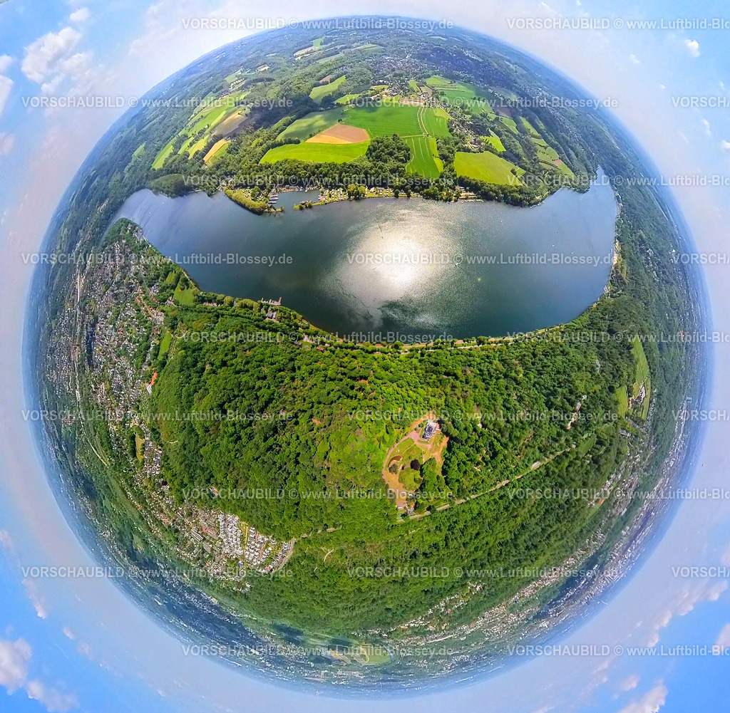 Essen230520101BaldeneyseeFischlaken | Luftbild, Baldeneysee, Ruhrstausee, Fischlaken, Schellenberger Wald mit Korte Klippe Aussicht, Erdkugel, Fisheye Aufnahme, Fischaugen Aufnahme, 360 Grad Aufnahme, Bredeney, Essen, Ruhrgebiet, Nordrhein-Westfalen, Deutschland