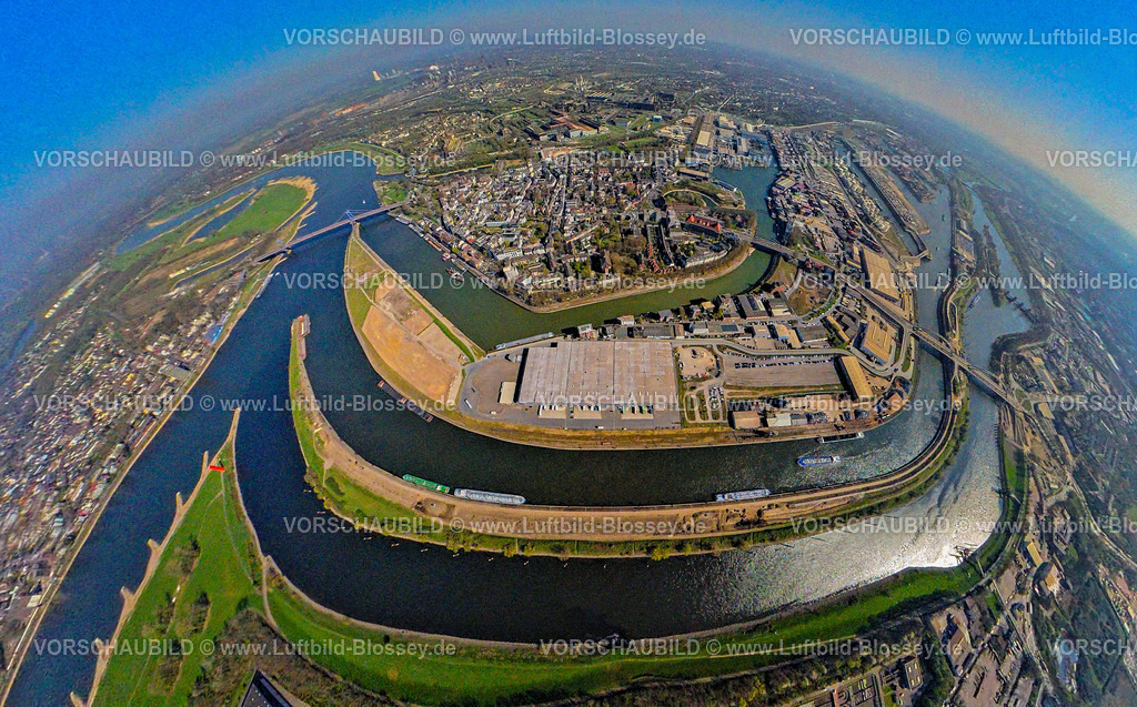 Duisburg250490033DuisportRuhrort | Luftbild, duisport Hafen, Ortsansicht Ruhrort, Duisburger Hafengebiet mit Mercatorinsel und Insel Pontwert, Fluss Ruhr Mündung in den Fluss Rhein und Friedrich-Ebert-Brücke, Erdkugel, Fisheye Aufnahme, Fischaugen Aufnahme, 360 Grad Aufnahme, tiny world, little planet, fisheye Bild, Ruhrort, Duisburg, Ruhrgebiet, Nordrhein-Westfalen, Deutschland